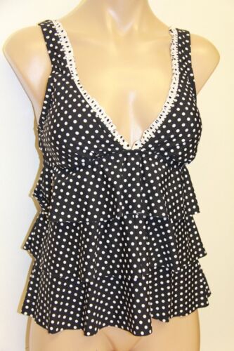 NWT Kenneth Cole Reaction Swimsuit Tankini Top  Size S Black White Dots Ruffles 