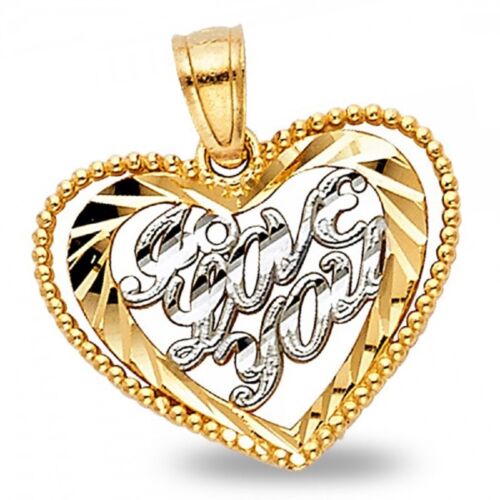 I Love You Heart Pendant Solid 14k Yellow & White Gold Love Charm Diamond Cut 