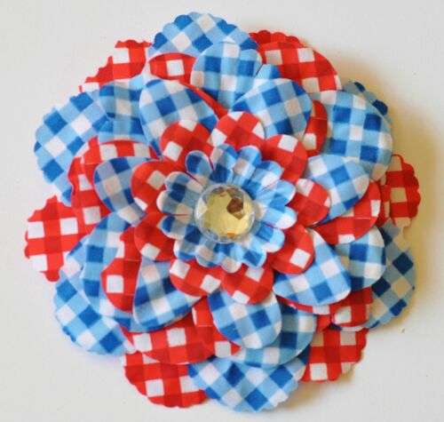 4.5" Patriotic Red White Blue Gingham Peony Artificial Silk Flower Hair Clip #2 