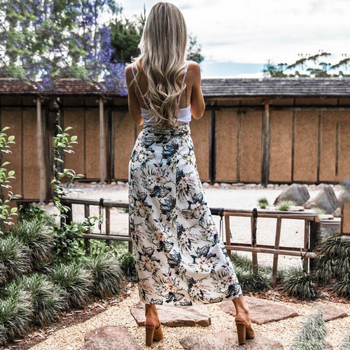 Damen Blumen Split Maxirock Sommerrock Hohe Taille Lang Röcke Strandrock Holiday