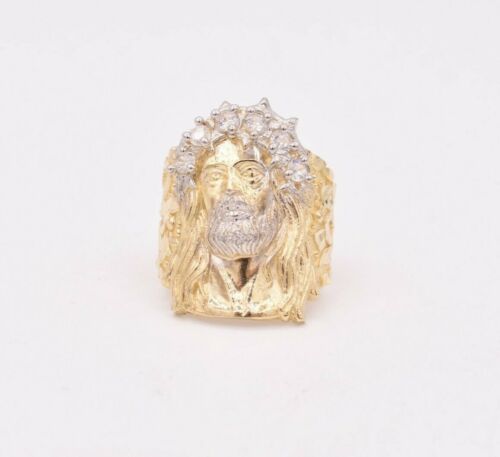 Large Men/'s Jesus Head Nugget Ring CZ Real Solid 10K Yellow White Gold