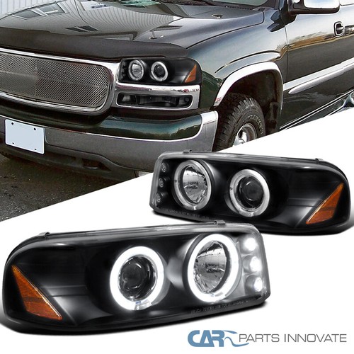 For GMC 00-06 Sierra Yukon Denali XL Black LED Halo Projector Headlights Head