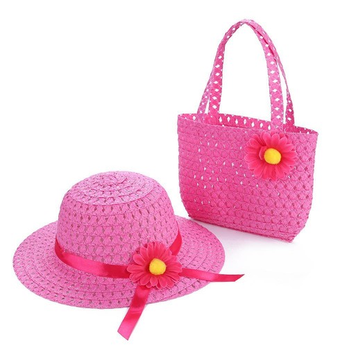 2pcs Summer Sun Hat Girl Kid Straw Cap Beach Hats+Flower Shoulder Bag Tote Decor