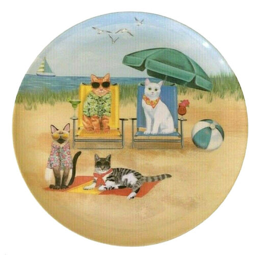 Melamine Dinner Plates 11/" Cat Cats at the Beach Umbrella Chairs Set of 4 Kitty