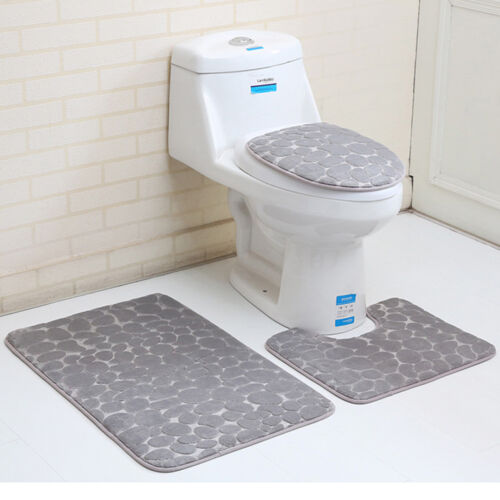 3Pcs/Set Bathroom Non-Slip Solid Color Pedestal Rug Lid Toilet Cover Bath Mat 