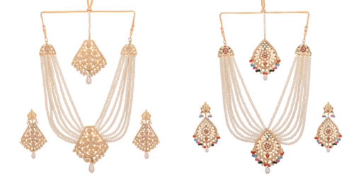 Jwellmart Indian Ethnic Bridal Gold Plated Jadau Multiline Pearl Necklace Set