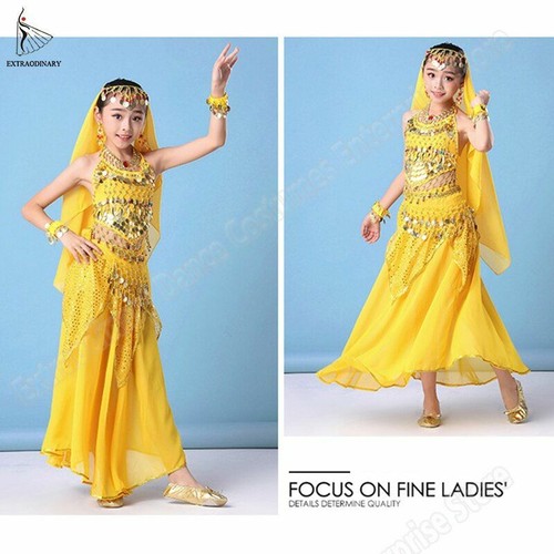 Details about / Kids Belly Dance Costumes Set Chiffon Fabric Coins Tassel Design Top Skirts Veil