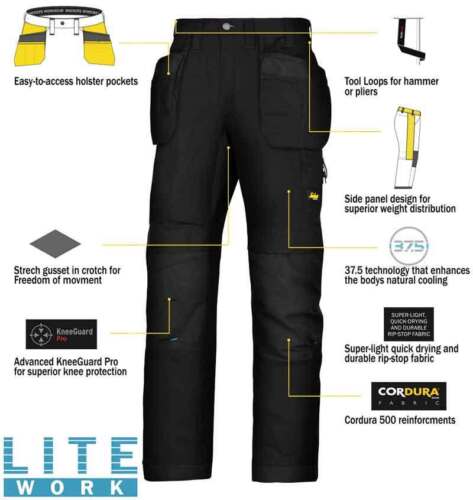 Snickers 6207 LiteWork Trousers Holster Pockets Mens Snickers Ripstop Black Pre