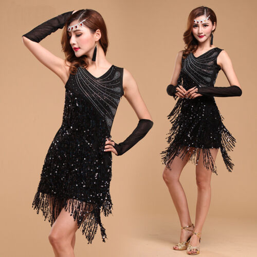 Hot Sale Party fashion Latin CHACHA Dance Dress with Sequins & Fringes  Costumes 