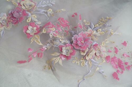 Long Applique Sequins Beaded 3D Flower Diy Patch Lace Applique for Wedding Dress 