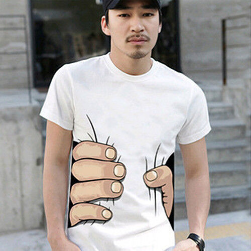 Hommes Drôle 3D Imprimé T-shirt Blanc Big main saisissant votre Taille Motif T Shirt 
