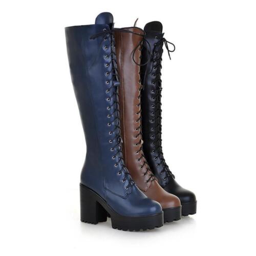 Women/'s lady Chunky Heel Platform Punk Knee High Mid Combat Lace Up Riding Boots