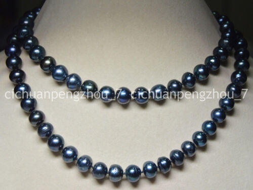 Long 32 Inches Natural 9-10mm tahitian black real pearl necklaces  C2306 