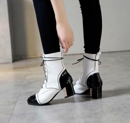 Women Faux Leather Ankle Boots Lace Up Chunky Heel Lady High Top Shoes Sz