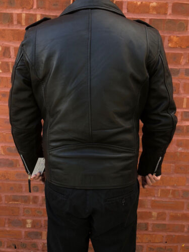 Mens Light Weight Spring Genuine Leather Biker Jacket Slim Fit Moto Racer Black