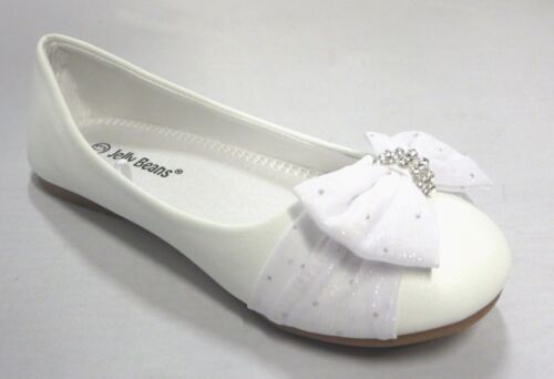 Coca Girls Flats w/ Chiffon Bow Youth Flower Girl White Dress Shoes 
