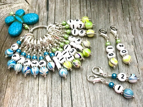 1-20 Numbered Stitch Markers /& Blue Butterfly Holder Row Counter