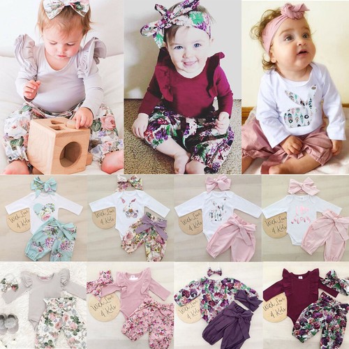 UK Newborn Toddler Kids Baby Girl Floral Tops Pants Outfits Set Autumn Clothes