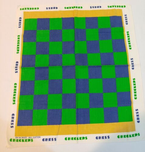 Vintage Chess//Checkers Board Bandana Blue and Green RN14193 All Cotton 23/" x 21/"