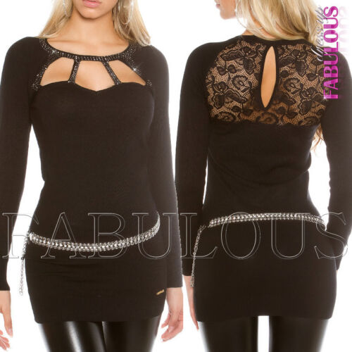 New Women&#039;s Cut Out Lace Jumper Mini Dress Sweater Long Top Size 8 10 12 S M L