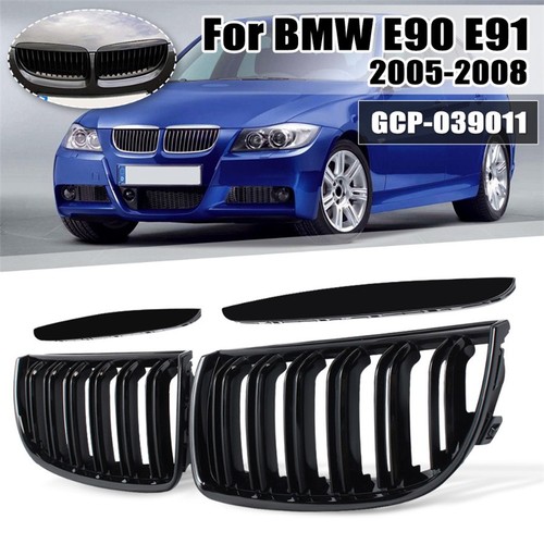 1 Pair Front Gloss Black 2 Line Double Slat Kidney Grille Grill For BMW E90 E91