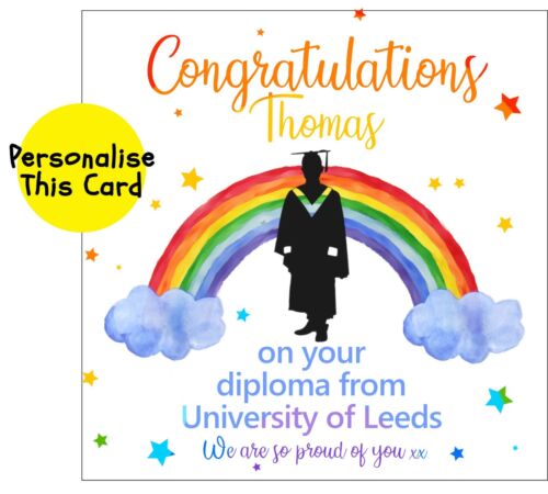 Felicidades Graduación diploma universitario Arco Iris tarjeta personalizado hecho a mano 
