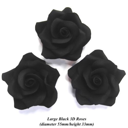 Large Black Sugar Roses 3D wedding birthday cake decorations 55mm NON-WIRED 