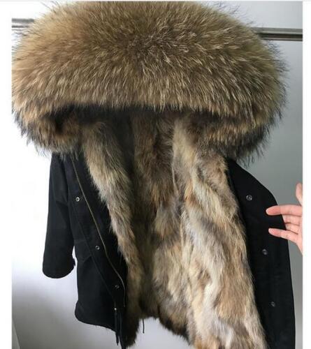 Women/'s Real Fox Fur Parka Coat Hooded Removable Nyctereutes Raccoon Fur Liner
