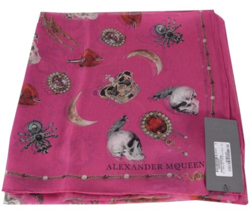 New Alexander McQueen $495 Pink 532004 JEWELED TRINKETS SKULL Silk Chiffon Scarf 