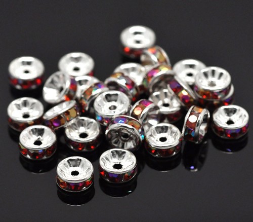 50 SILVER PLATE FUCHSIA AB RHINESTONE RONDELLE SPACER BEADS~8mm~Bracelets 35F