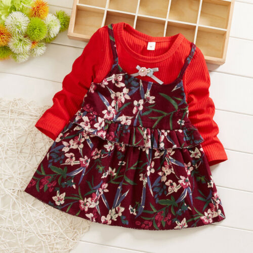 Toddler Baby Kids Girls Ruched Bow Dress Winter Floral Print Dress Party Clothes