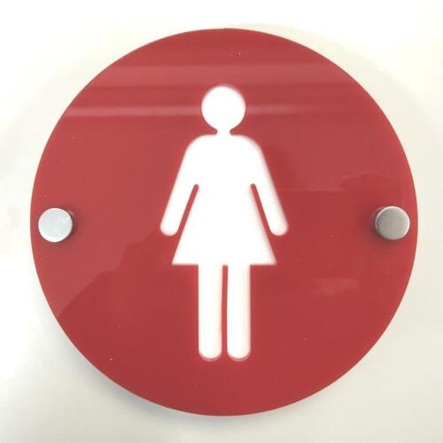 Round Female Toilet Sign - Red & White Gloss & Chrome Fixings