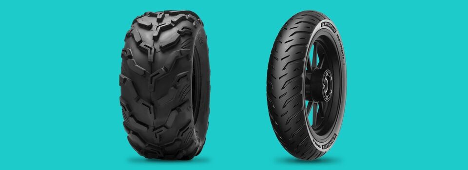 A Halberd all-terrain ATV/UTV tire and a Michelin Pilot scooter tire against a turquoise background.
