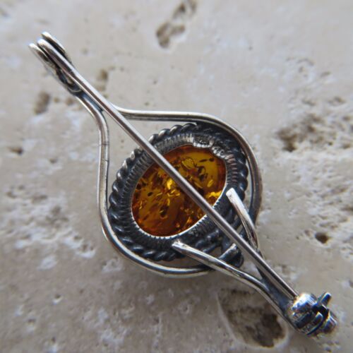 STERLING SILVER Genuine BALTIC AMBER Brooch Ambre Baltique /& Argent #0005