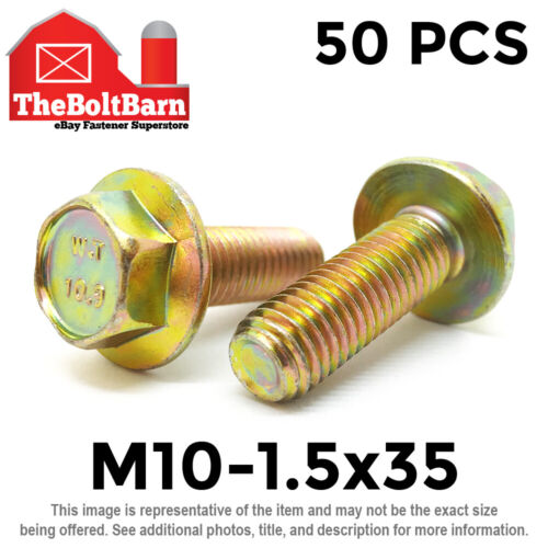 50PCS M10-1.5x35 MM Metric Hex Flange Bolts Grade 10.9 Screws Zinc Yellow