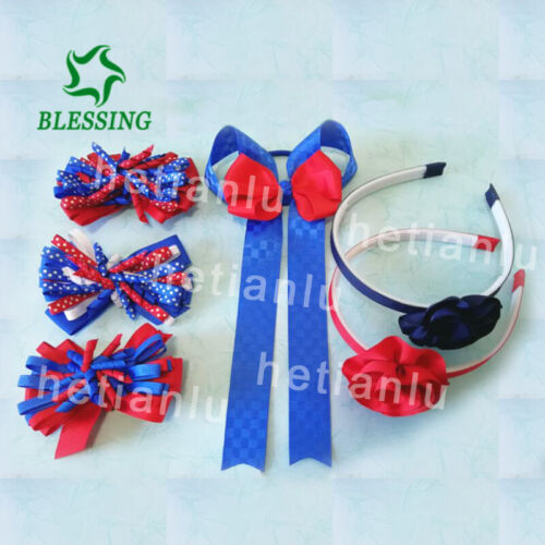12 Girl 4.5/" Hair Bow Clip National Flag Cheer Leader Ponytail Elastic Headband
