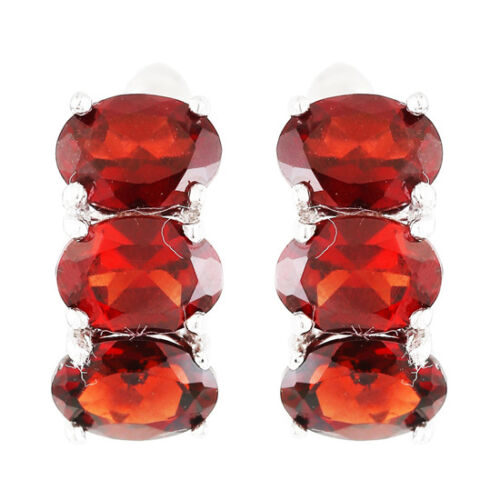 100% NATURAL 7X5MM GARNET DEEP RED 3-STONE RARE STERLING SILVER 925 EARRING 