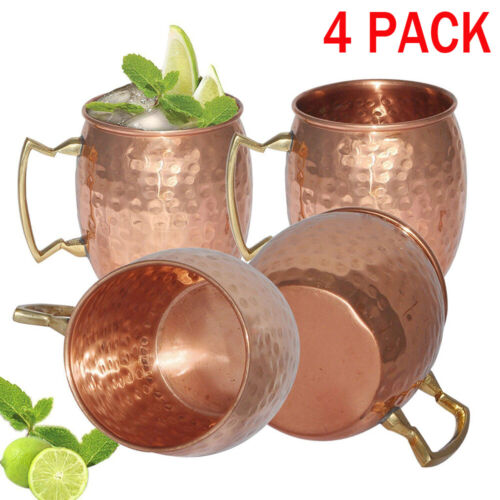 4* Hammered Moscow Mule Mug Drinking Cup 100% Pure Solid Copper Brass Set 16 Oz 