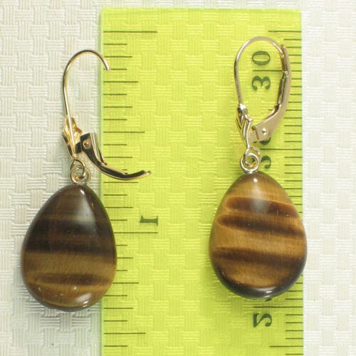 14k Yellow Solid Gold Lever Back Genuine Brown Tiger-Eye Dangle Earrings TPJ