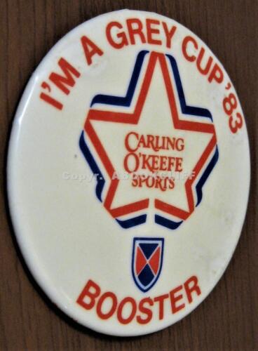 GREY CUP 1983 71st-2 1/4" CARLING O'KEEFE LIONS 17 ARGOS 18 CFL Booster Button 