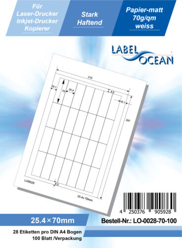 Laser Inkjet Kopierer Klebeetiketten DIN A4 weiß 25,4x70mm 100 Blatt
