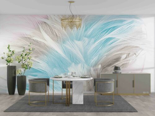 3D Abstract Blue Grey Feather Self-adhesive Removable Wallpaper Murals Wall