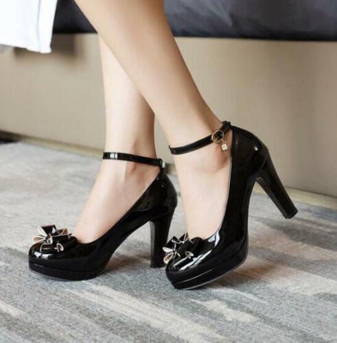 Details about  / Women Bowtie Faux Leather Ankle Buckle Platform Chunky Lolita Heels Mary Janes