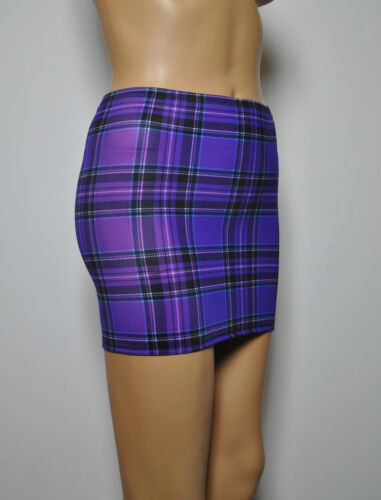 Mini Skirt Purple Black Royal Stewart Tartan Check Stretch Bodycon Clubwear S142 