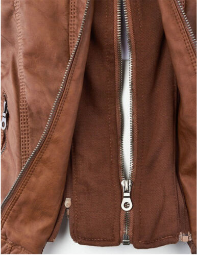 Womens Leather Jacket Bomber Biker Zip Hooded Sweatshirt Parka Coat Outwear Tops