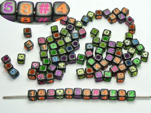250 Black with Neon Color Assorted Number /"#/" Cube Pony Beads 6X6mm
