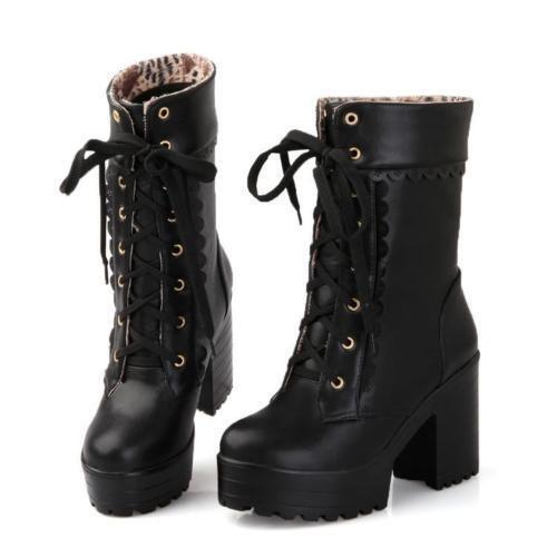 Womens platform chunky heels mid calf boots lace up round toe shoes 