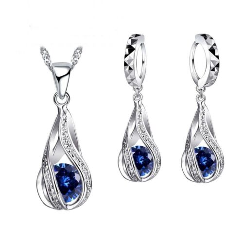 Pendant Necklace Earrings Set 925 Sterling Silver Crystals Women Wedding Jewelry 