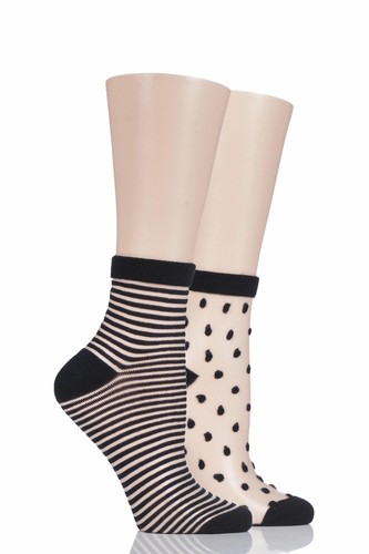 Femmes 2 Paire Elle Bamboo Sheer Stripe et Spot Cheville Chaussettes