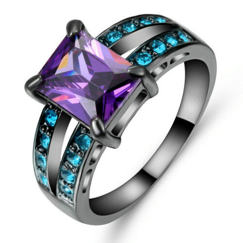 Purple Amethyst &Blue Crystal Wedding Ring Women&#039;s  Black Gold Filled Size 8